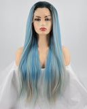Long Mixed Blue Synthetic Lace Front Wig WW158