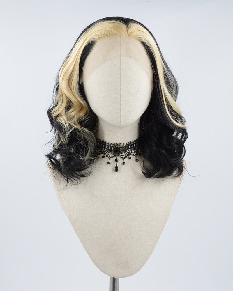 Blonde Streak Black Wavy Synthetic Lace Front Wig WW502