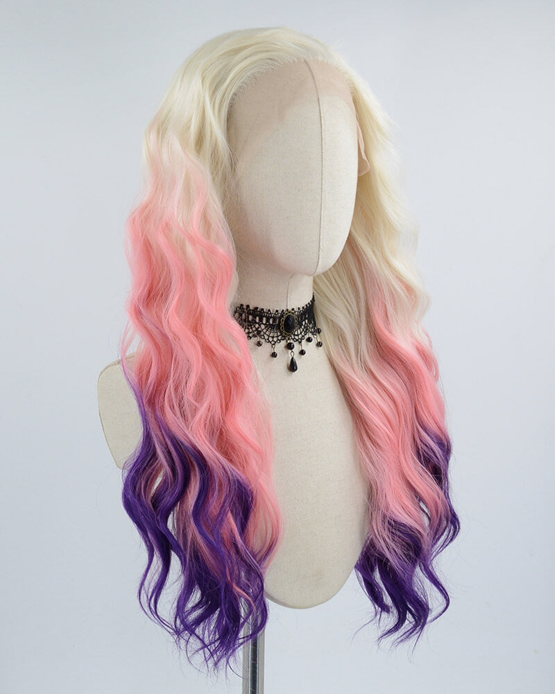 Curly Blonde Ombre Pink Purple Synthetic Lace Front Wig WW448