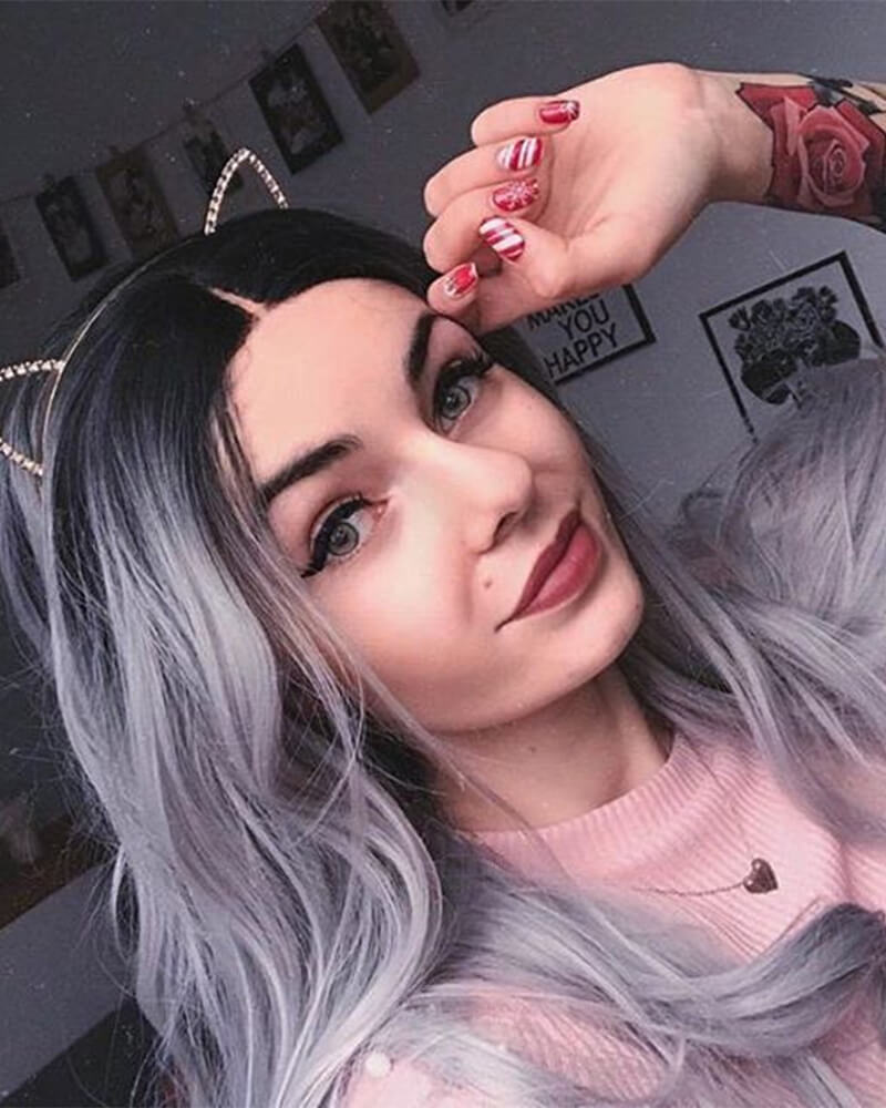 Ombre Gray Long Wavy Synthetic Lace Front Wig WT024