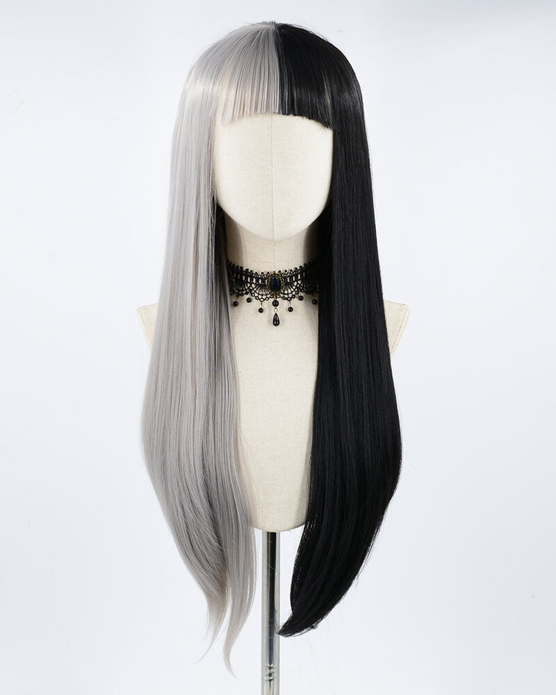 Half Black Half Grey Synthetic Lace Front Wig With Bangs WW190