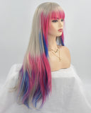 Grey Ombre Pink Blue Synthetic Lace Front Wig With Bangs WW242