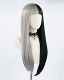 Half Black Half Grey Synthetic Lace Front Wig With Bangs WW190