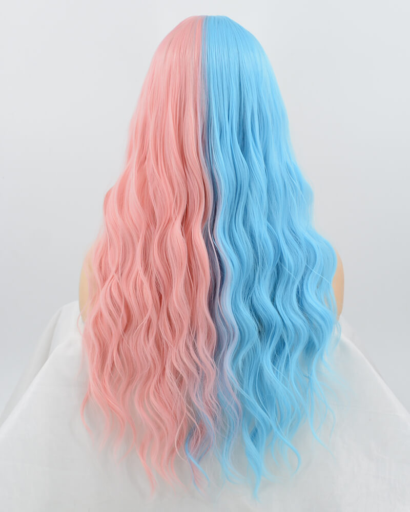 Review for Half blue half Pink big wave wig YV40408