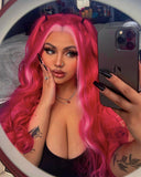 Pink Streaked Wavy Hot Pink Synthetic Lace Front Wig WW375