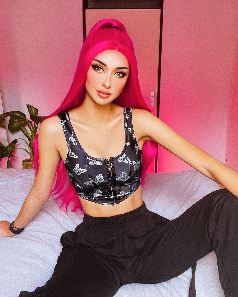 Hot Pink Synthetic Lace Front Wig WT088