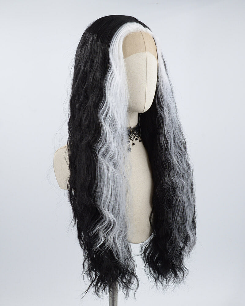 White Streaked Black Synthetic Lace Front Wig WW500