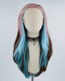 Pink Streaked Ombre Blue Brown Synthetic Lace Front Wig WW449