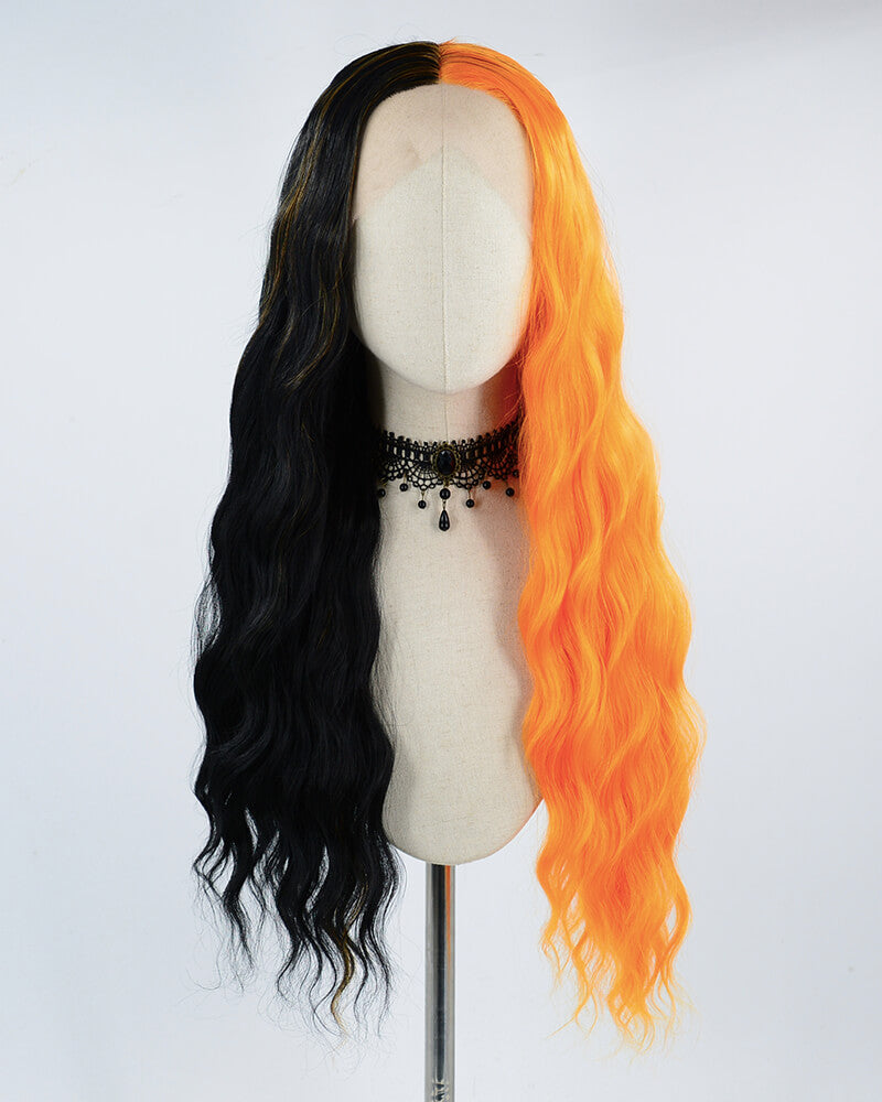 Half Black Half Orange Wavy Synthetic Lace Front Wig WW318