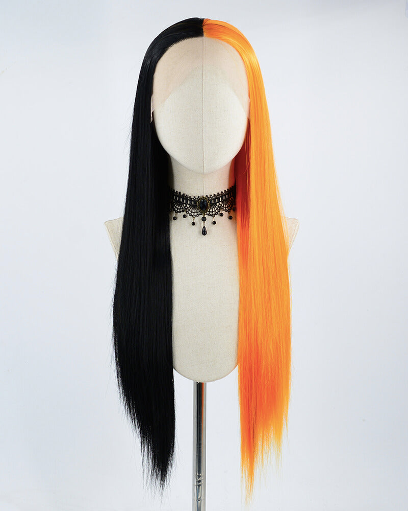 Half Black Half Orange Synthetic Lace Front Wig WW315
