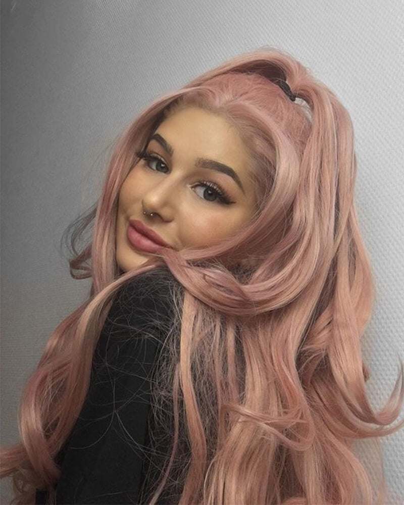 Peach Pink Long Synthetic Lace Front Wigs WT011