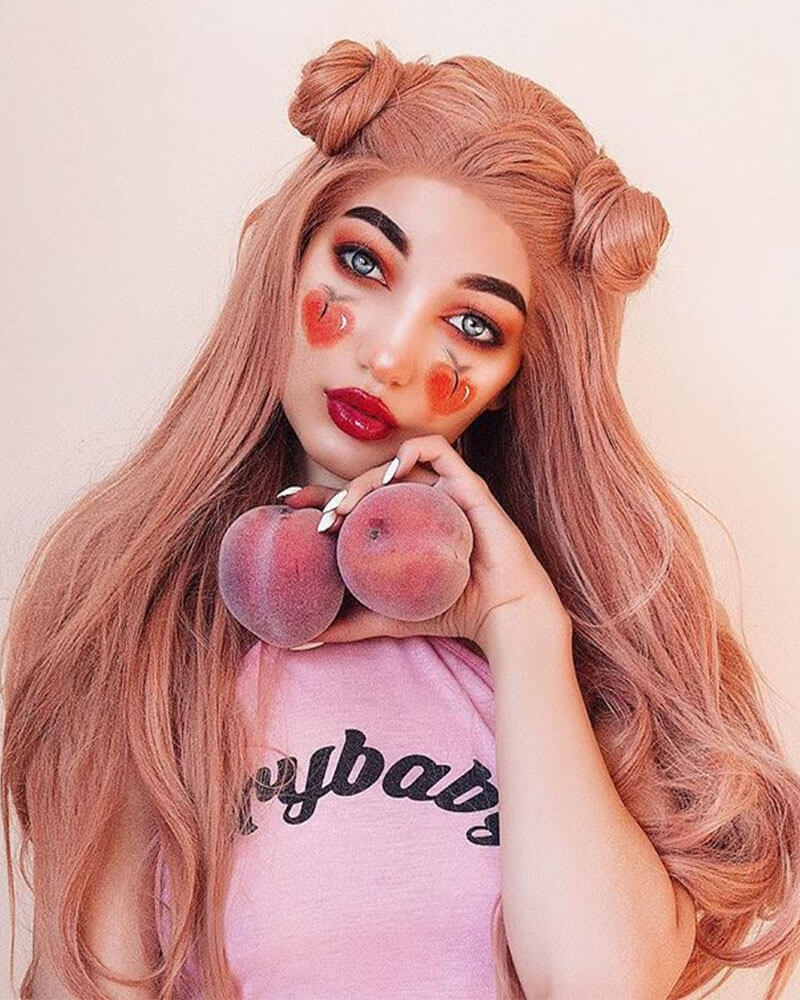 Peach Pink Long Synthetic Lace Front Wigs WT011