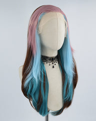 Pink Streaked Ombre Blue Brown Synthetic Lace Front Wig WW449