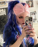 Pink Streaked Blue Synthetic Lace Front Wig WW414