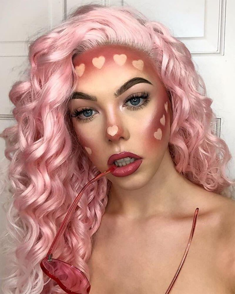Long Pink Synthetic Lace Front Wig WW028