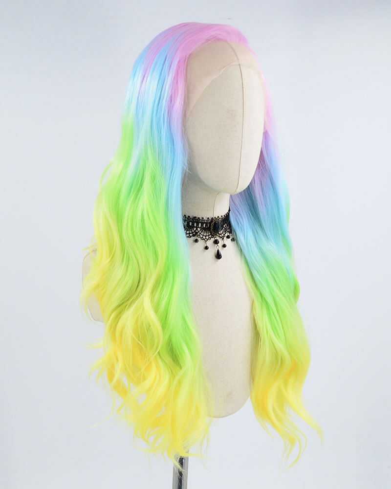 Rainbow Pink Ombre Blue Green Yellow Synthetic Lace Front Wig WW416