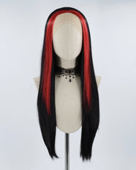 Red Streaked Black Synthetic Lace Front Wig WW337