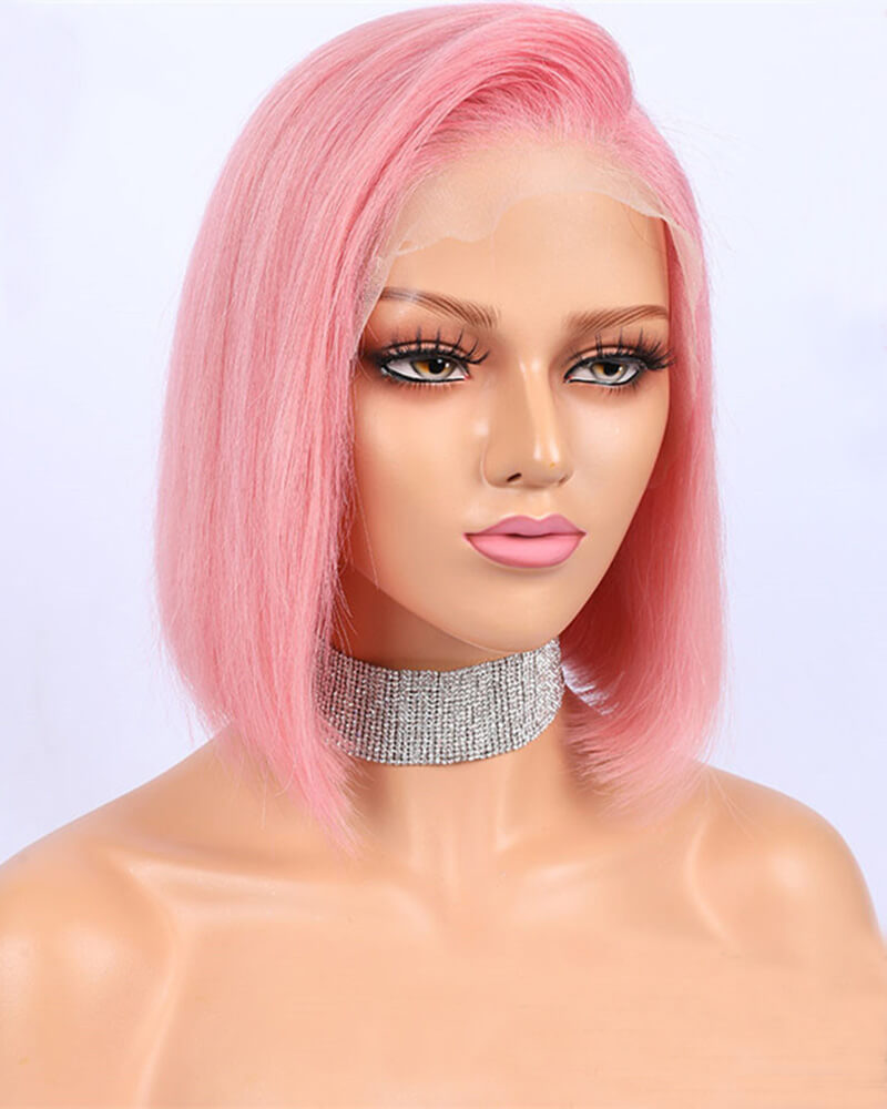 Pink Short Human Hair Wig HT012