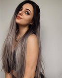 Ombre Silver Long Straight Synthetic Lace Front Wig WT022