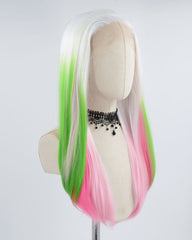 White Ombre Pink Green Synthetic Lace Front Wig WW434