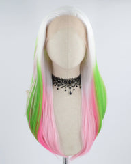 White Ombre Pink Green Synthetic Lace Front Wig WW434