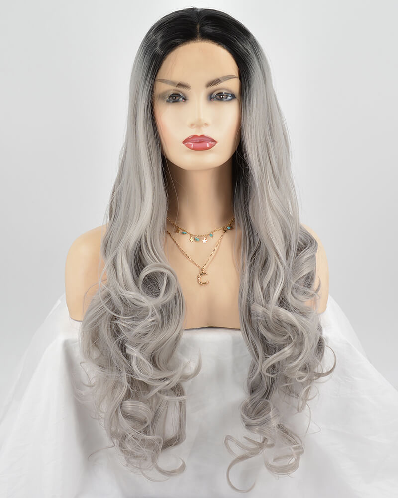 Ombre Gray Long Wavy Synthetic Lace Front Wig WT024