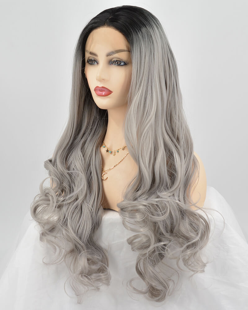 Ombre Gray Long Wavy Synthetic Lace Front Wig WT024